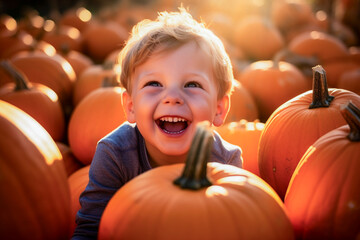 Fototapeta premium Boy collecting pumpkins in a pumpkin plantation to create Jack-o'-lantern for Halloween. 