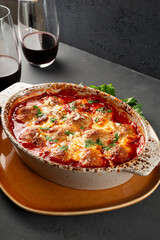 Meat balls in tomato sauce with mozzarella cheese and parmesan and two glasses of red wine on a dark table vertical photo