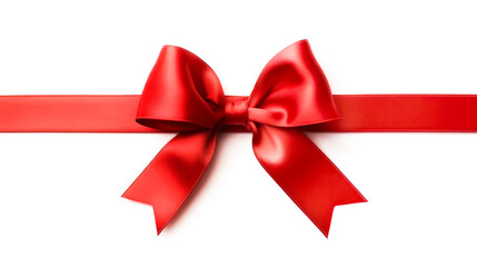 Fototapeta premium Beautiful red bow with horizontal ribbon with shadow, isolated on white background.