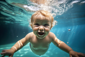 Joyful baby practices swimming underwater in a pool, radiating happiness and pure delight.