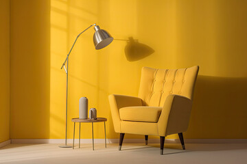 a Tufted armchair and coffee table with lamp near yellow wall. Interior design of modern living room. Interior Furniture. Generative Ai