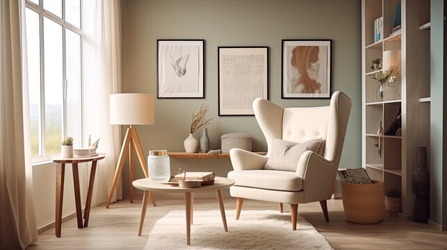 Interior design of scandinavian living room with frames. Wing chair near rustic wooden coffee table. Interior Furniture. Generative Ai