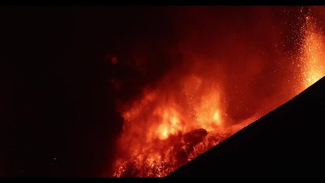 Etna eruption at Sicily  with strong explosions of lava and gas seen in detail during the night