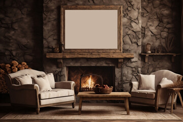 Rustic Charm: Empty Rectangle Frame Mockup in Cozy Woodland Cabin