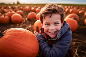 Fototapeta premium Boy collecting pumpkins in a pumpkin plantation to create Jack-o'-lantern for Halloween. 