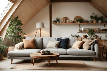 Corner sofa against shelving unit, scandinavian home interior design of modern living room in attic in farmhouse. Image created using artificial intelligence.