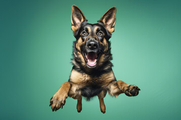 German Shepherd Dog Jumping on Green Background