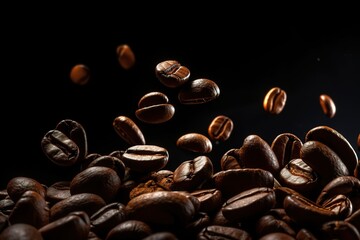 Close-up of brown roasted coffee beans against dark background.