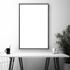 Modern Monochrome: Black and White Home Office with Blank White Wall Frame Mockup