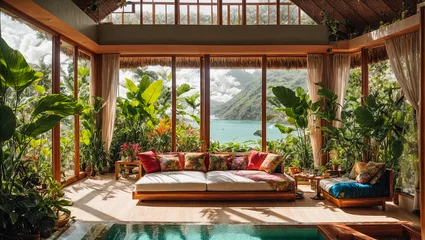 Photo sur Plexiglas Bali interior of an eco-friendly house, tropical leaves