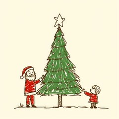 crayon drawing of Christmas tree and santa clause and a boy