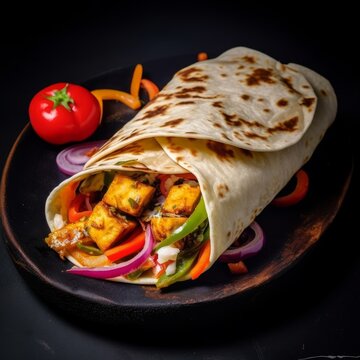 veg paneer shawarma on black background