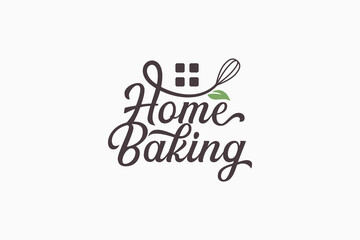 home baking logo with a combination of whisk, window, leaves and beautiful lettering for cafe, homemade bakery, etc.