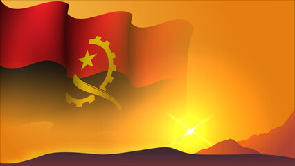 angola waving flag concept background design with sunset view on the hill vector illustration - obrazy, fototapety, plakaty