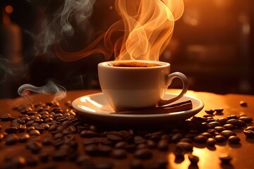 Vibrant, freshly brewed cup of coffee, with steam gently rising and dissipating into the air - obrazy, fototapety, plakaty