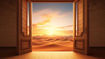Wooden door opens to a desert sunrise, symbolizing hope, opportunity, and new beginnings. - obrazy, fototapety, plakaty