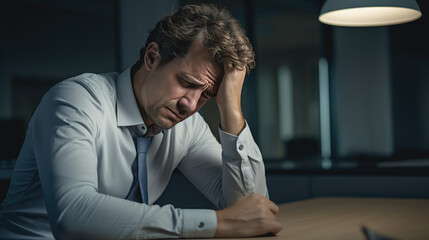 Businessman in depression sitting in his work office holding his head with his hand, suffering from overwork, stress or job loss - obrazy, fototapety, plakaty