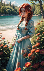 Obraz na płótnie Canvas Beautiful Woman in romantic flying dress at sea shore at sunset.