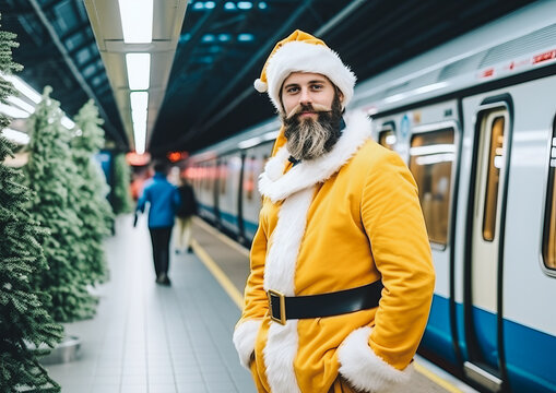 Portrait of a handsome young smiling urban man dressed in a yellow Santa Claus suit posing at a metro station. Generative AI.