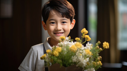 Little boy holds a bouquet of flowers in his hands