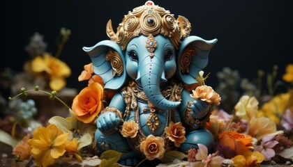 ganesha hindu god sculpture with flowers - obrazy, fototapety, plakaty