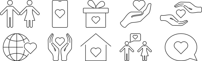 Friendship and love line icons. Charity community, partnership care, people solidarity help concept icons. PNG