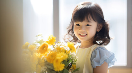 Little girl holds a bouquet of flowers in her hands
