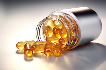 Premium quality of omega-3 capsules. The image features a close-up of a transparent glass jar filled with neatly arranged capsules, showcasing their smooth and glossy texture