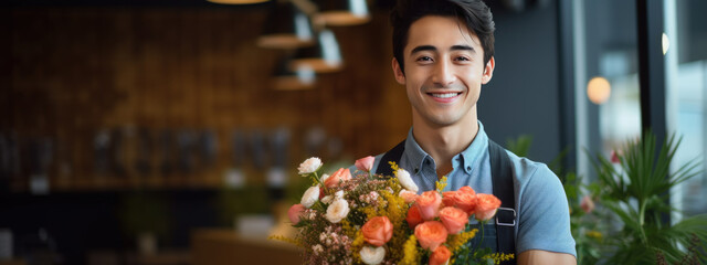 Fototapeta premium Happy man holds a bouquet of flowers in his hands