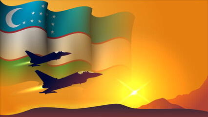 fighter jet plane with uzbekistan waving flag background design with sunset view suitable for national uzbekistan air forces day event