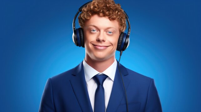 Happy businessman wearing headphones