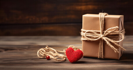 Christmas sustainable gift box with string and red heart on a wooden table, festive holiday wood background