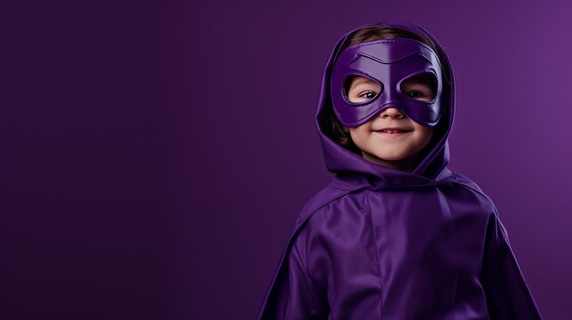 studio photo of a boy in a purple superhero costume on a purple background
