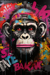 A monkey's head. Set against a black wall, the monkey is surrounded by abstract graffiti elements, including tags and spontaneous splashes of paint, capturing the raw energy of urban creativity.