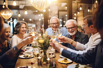 A group of friends gathers at a restaurant for dinner, enjoying food, wine, and each other's company.