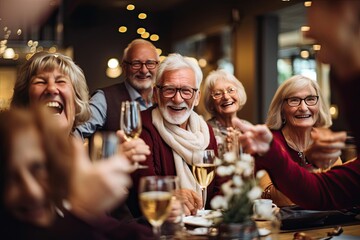 A group of adult friends, gather for a celebration, enjoying wine, food, and togetherness.