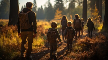 A group of families hiking in the woods