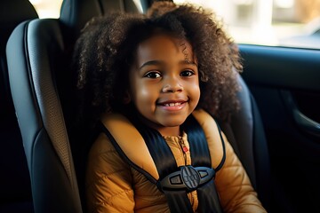African-american girl 3 years in a car seat - obrazy, fototapety, plakaty