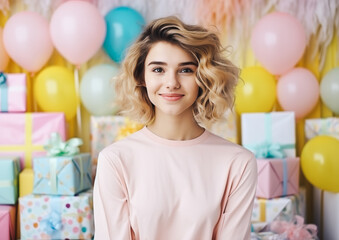 Portrait of a beautiful smiling girl with a trendy wavy hairstyle posing in front of numerous colorful wrapped and decorated gifts. Gift-giving or birthday concept. Generative AI.