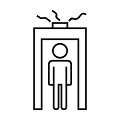 Simple outline of man walking through metal detector vector icon. Black line drawing or cartoon illustration of man at body scanner on white background. Security, traveling concept