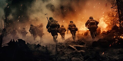 Soldiers running across the battlefield. Explosions in the background. - obrazy, fototapety, plakaty