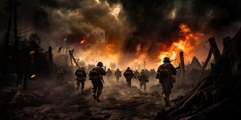 Soldiers running across the battlefield. Explosions in the background. - obrazy, fototapety, plakaty
