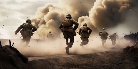 Soldiers running across the battlefield in World War 2. Explosions in the background. - obrazy, fototapety, plakaty