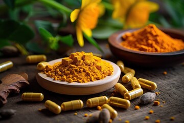 Alternative medicine, antioxidant food and herbal remedy concept theme with macro close up on supplement pill of curcumin or turmeric with a heap of the spice in dry powder form in the background - obrazy, fototapety, plakaty
