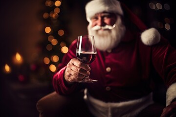 Santa Claus holding a glass of red wine. Focus on the glass. Generative Ai