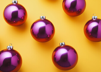 Fototapeta premium Christmas flatlay pattern with purple shiny New Year baubles on a yellow pastel background. Generative AI.