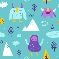 Bright nordic pattern with cute yeti. Seamless scandinavian vector print with naive doodle yeti for kids. - obrazy, fototapety, plakaty
