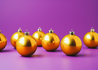 Christmas scene with golden shiny New Year baubles on a violet pastel background. Generative AI.