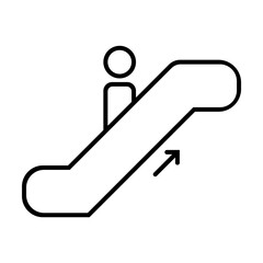 Simple outline of person on escalator going up vector icon. Black line drawing or cartoon illustration of shopping mall sign on white background. Navigation, direction, motion concept