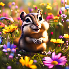 Cartoon chipmunk in beautiful meadow  - 647739466